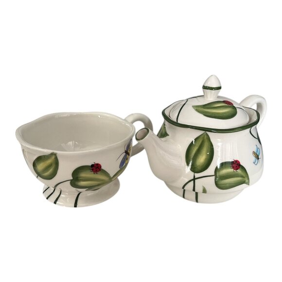 Vintage Harry and David Stacked Teapot & Teacup Ladybug Leaf Design Ceramic - Picture 5 of 8